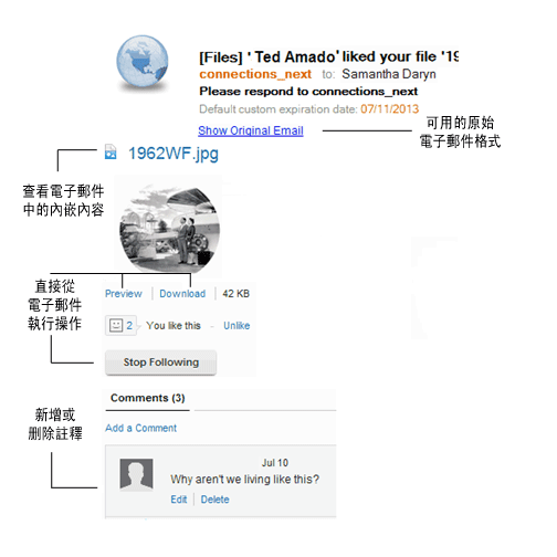 產品的螢幕影像，其中顯示強調顯示畫面的不同區域